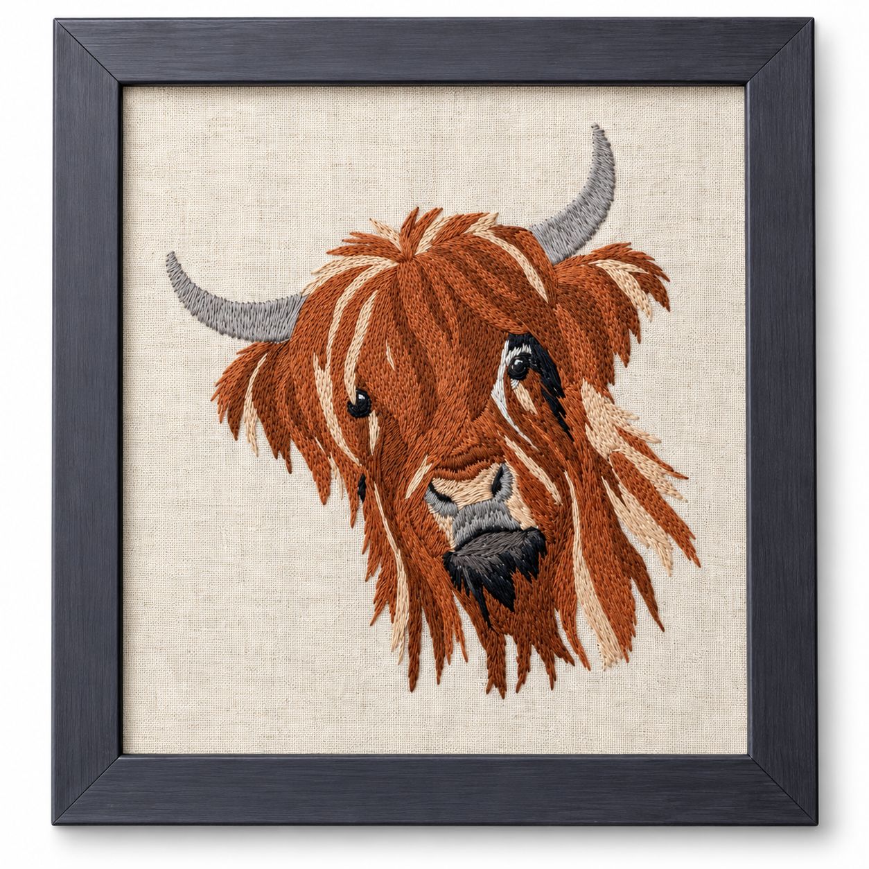 Kargil Nature’s Imprint Hand Embroidered Highland Cow Wall Art with Wooden Frame – Handmade Ladakhi Craft