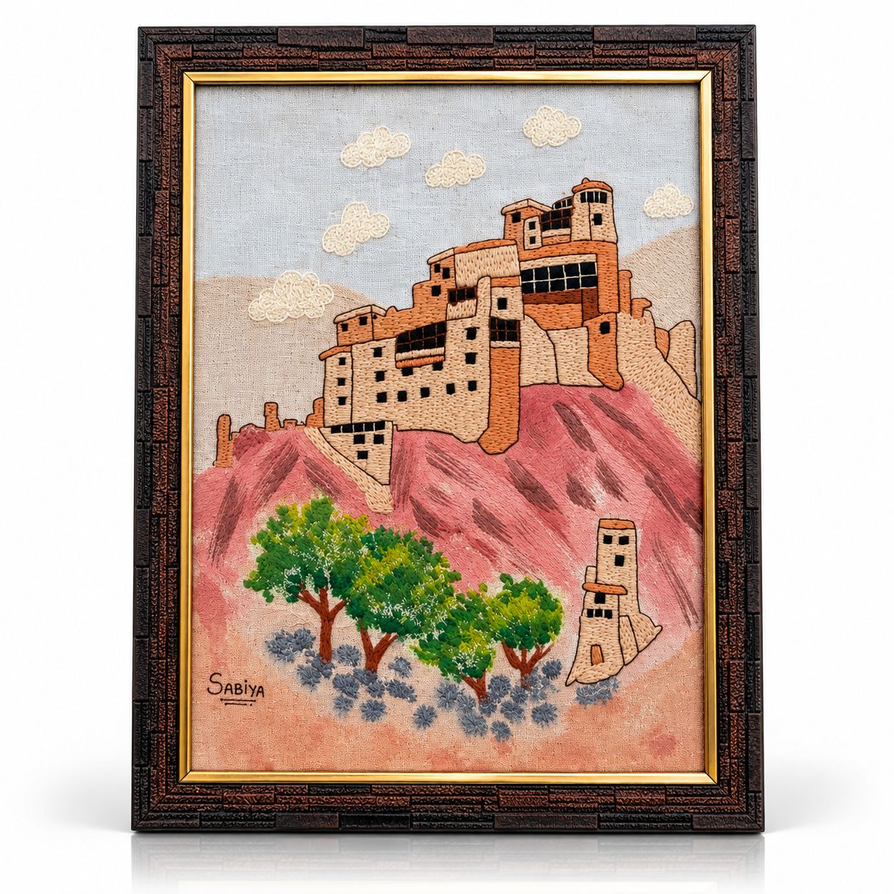 Kargil Nature’s Imprint Handcrafted Ladakh Landscape Wall Art – Wooden Framed Embroidery, Traditional Himalayan Heritage Décor