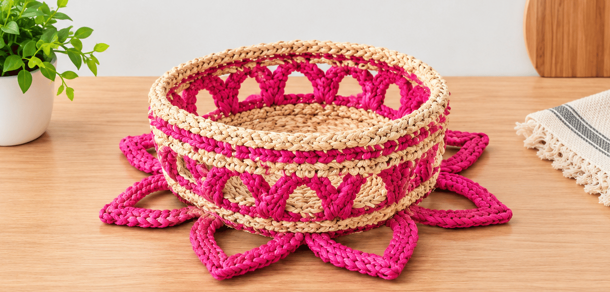 Hand-Woven Natural and Magenta Decorative Bowl with Flower Mat Set