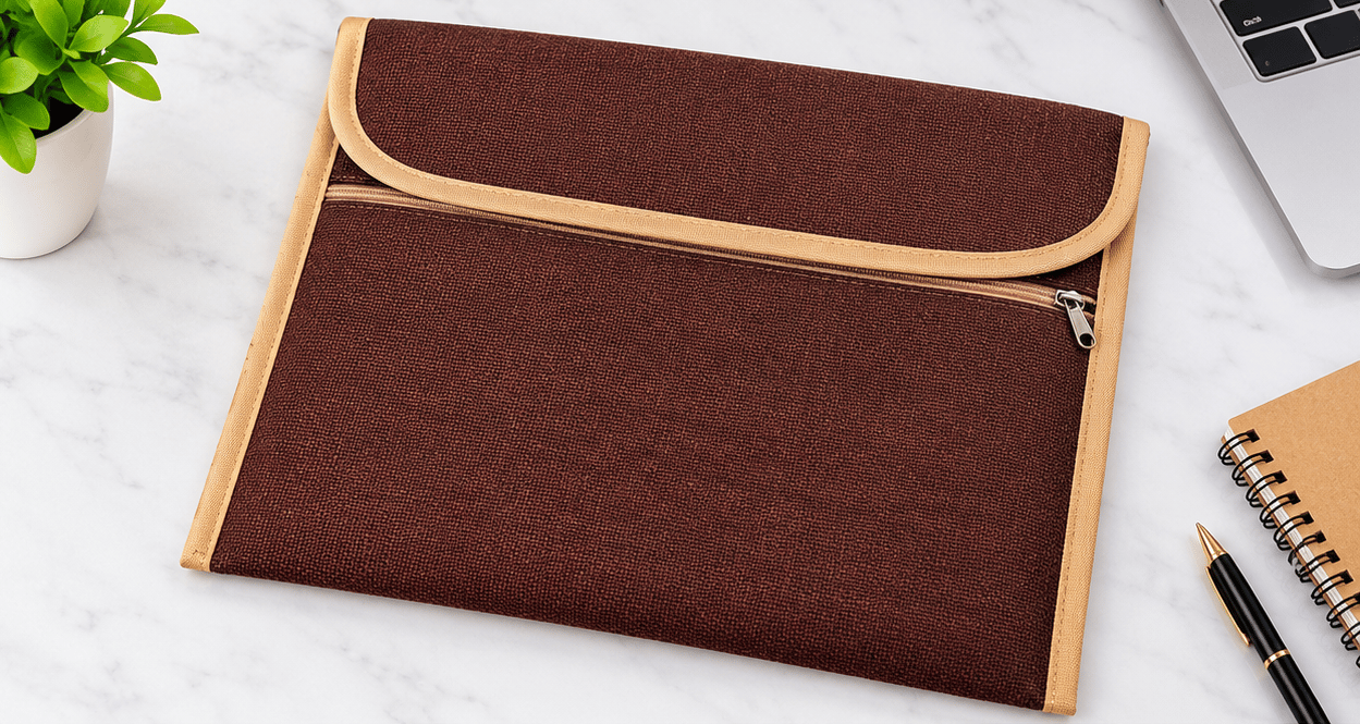 Brown Woven Jute Document & iPad Sleeve with Zipper Pocket