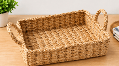 Handwoven Rectangular Water Hyacinth Serving Tray with Handles