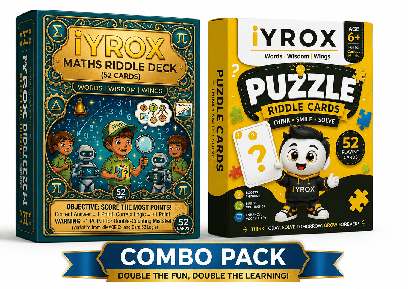 Maths & Puzzle Riddle Cards Combo | 104 Brain Teasers for Kids, Teens & Family | Fun Learning & Problem-Solving Game