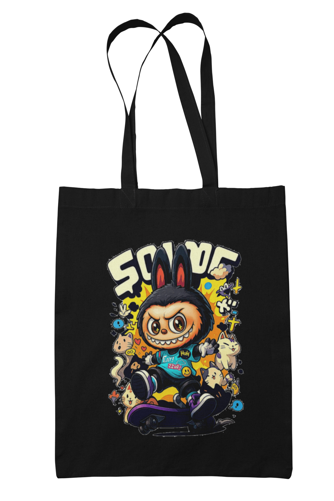 Prakrut India Edgy Skater Bunny & Graffiti Black Canvas Tote Bag