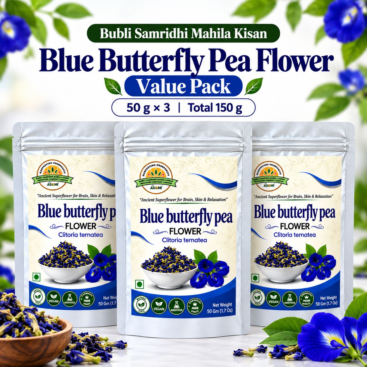 Blue Butterfly Pea Flower Value Pack | 50 g × 3 | Total 150 g