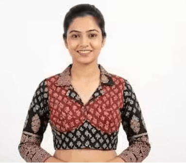 Black & Maroon Ajrakh Print Collared Long Sleeve Cotton Blouse for Women