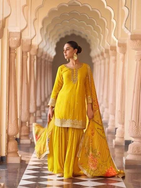 Futuristic Yellow Real Chinon Silk 3 Piece Suit with Hand Mirror Sequins and Embroidery
