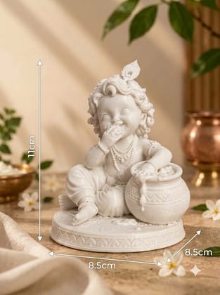Decorurdreams White Bal Krishna Makhan Chor Idol | PLA Plastic Laddu Gopal Decorative Statue with Matki | Baby Krishna Murti for Home, Pooja Room & Gift | 11 × 8.5 × 8.5 cm