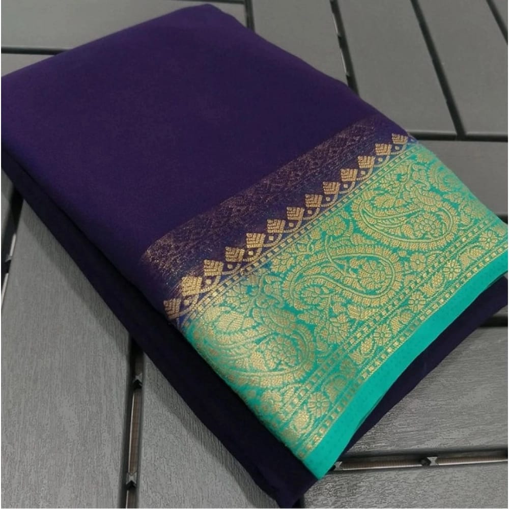 womens crepe chit pallu solid saree with unstitched blouse 5mtr blue pid64830