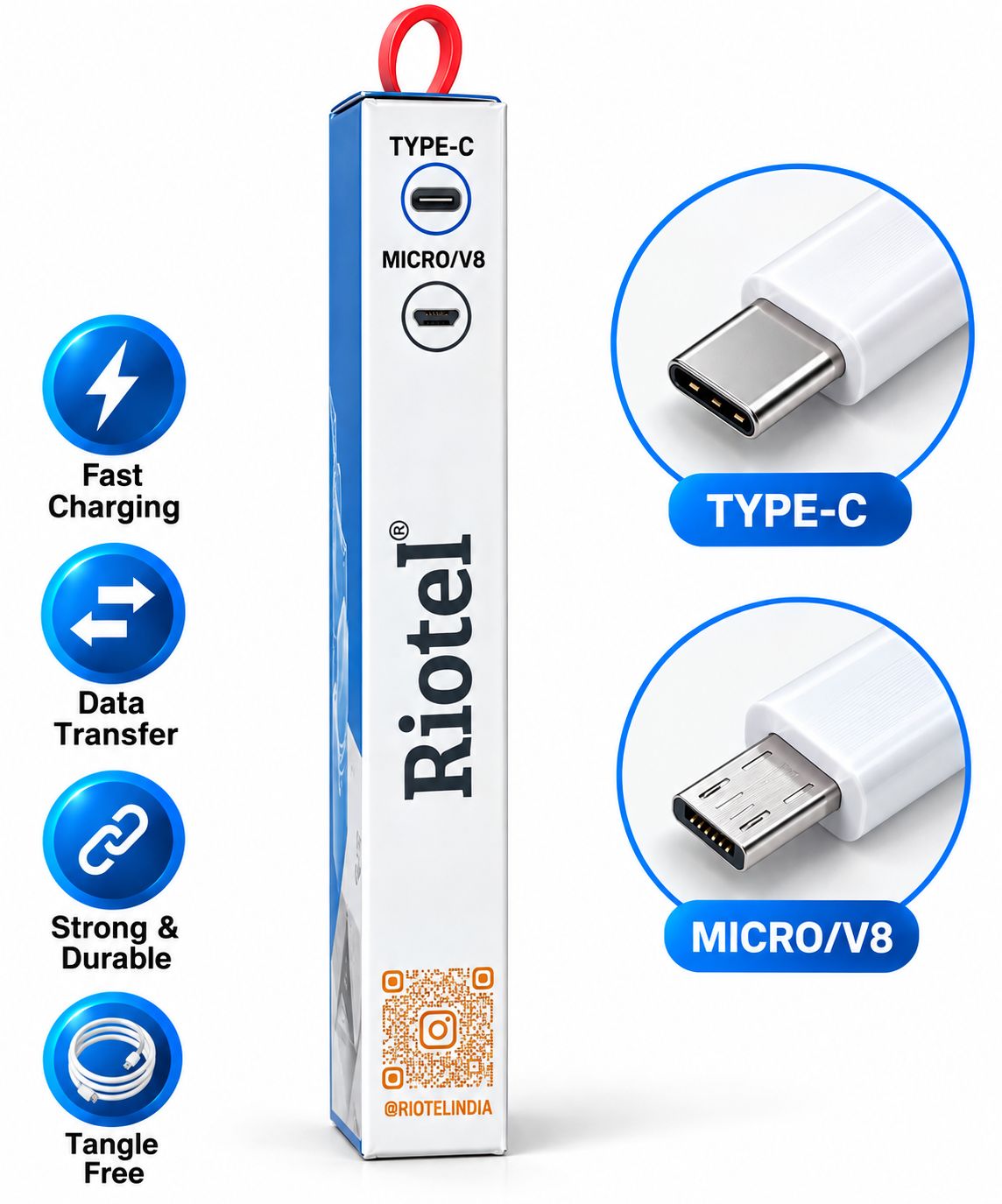Riotel Rabit 15W Fast Charging Type-C to USB-A Cable (1m, White)