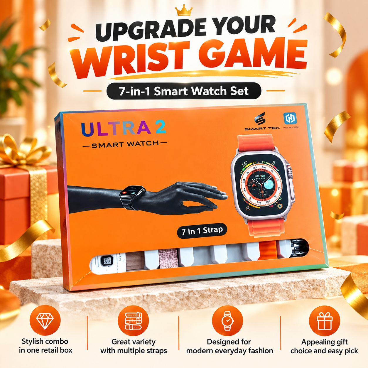 7 in 1 Ultra Smart Watch Combo With Seven Classic Straps & Transparent Screen Guard (1 Set / Mix Color)