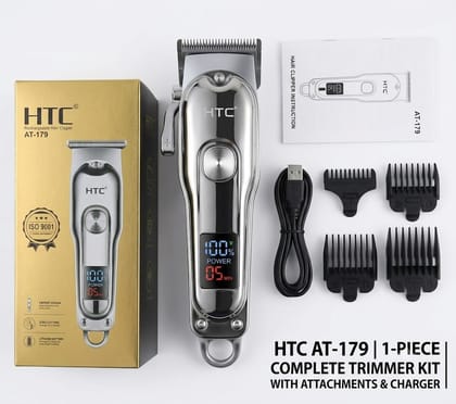 HTC Professional Cordless Hair Clipper & Beard Trimmer with LED Display (AT-179 - SILVER)