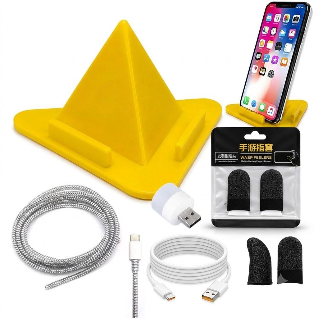 DEALZONE 5-in-1 Mobile Accessory Combo Pack with Pyramid Stand, Type-C Cable & Gaming Sleeves