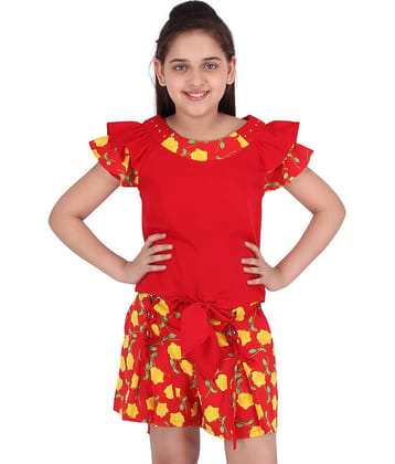 Cutecumber Pack of 1 Girls Georgette Top With Shorts ( Red )