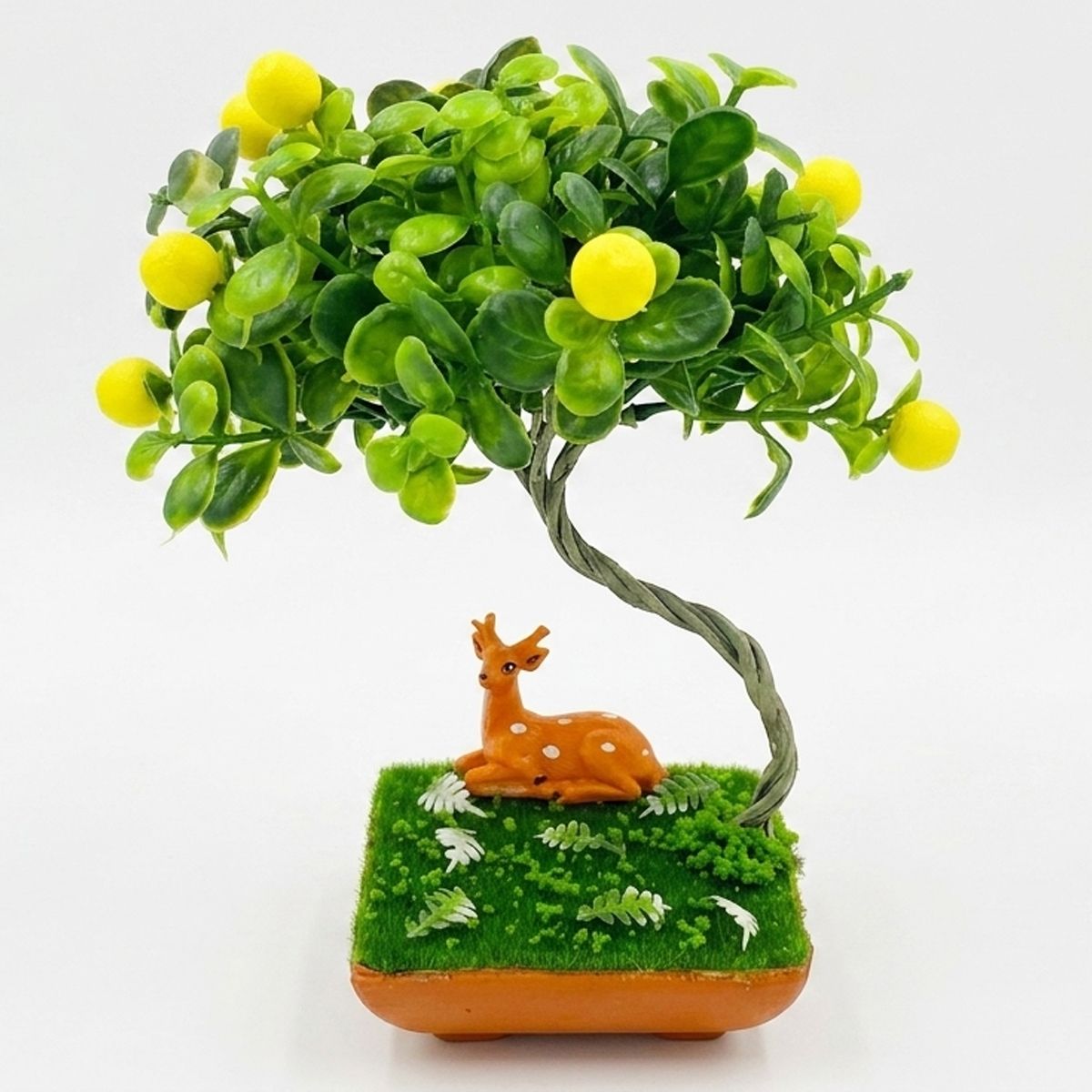 Mini Artificial Lemon Bonsai Tree with Resting Deer Figurine – 17cm Desktop Decorative Showpiece
