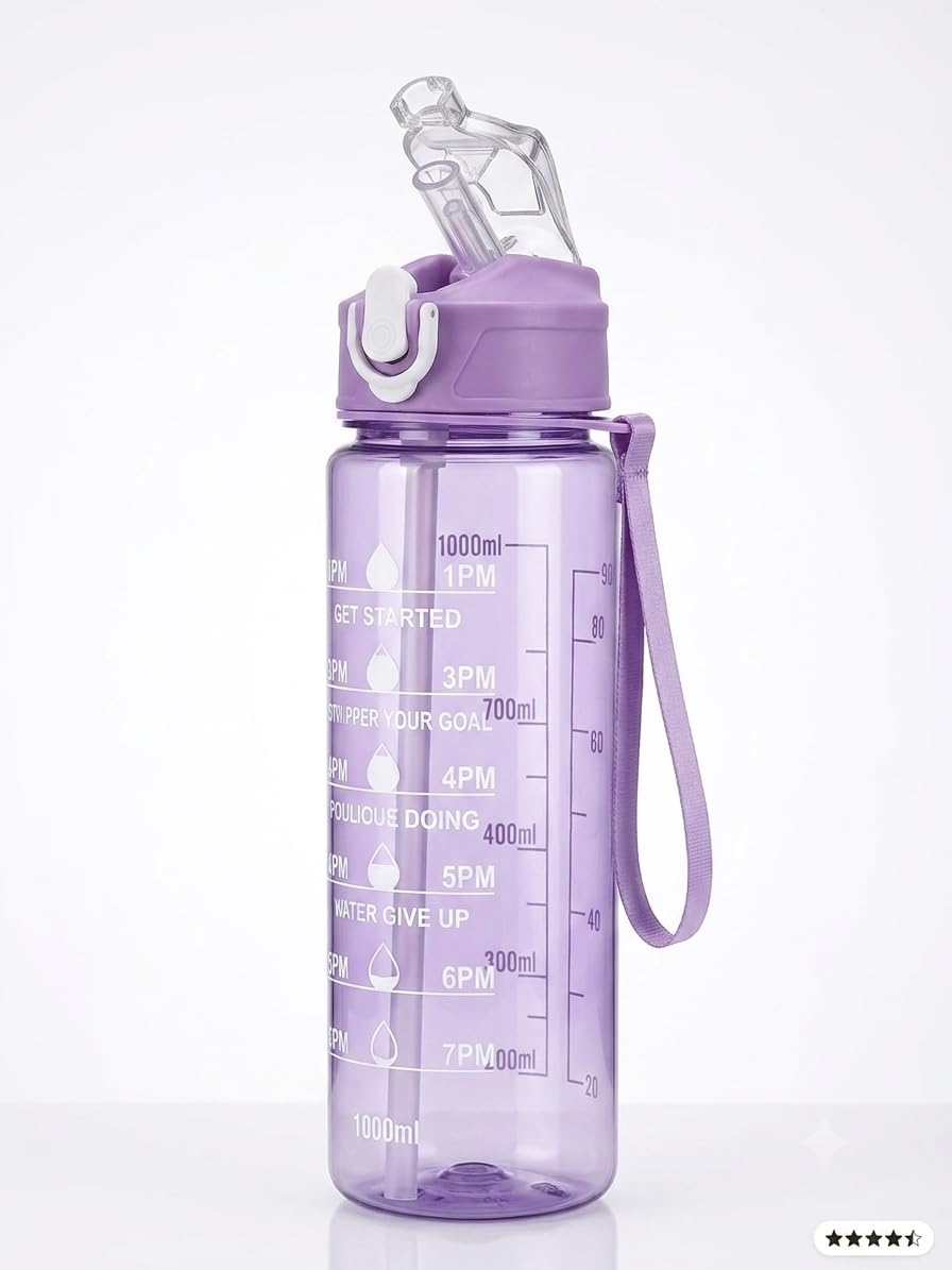 Motivational Water Bottle 900ml with Straw & Time Marker | Leakproof Gym Water Bottle with Carry Strap