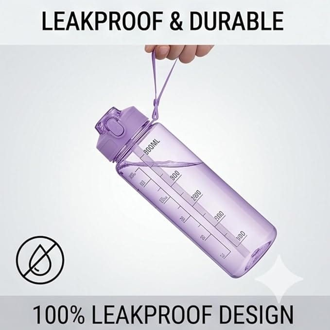 Hydration Water Bottle, 900ml Capacity, BPA-Free Plastic, Flip-Top Lid with Carry Strap, Motivational Time Markings