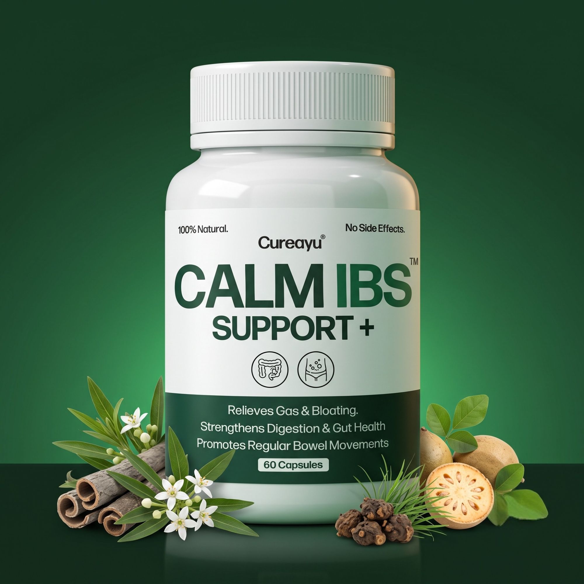 Cureayu Calm IBS Support Capsules | For Digestive & Gut Health | Supports Regular Bowel Movements, Relieves Gas & Bloating