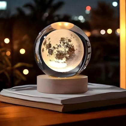 3D Crystal Moon Ball Night Lamp with Wooden Base – USB Powered LED Table Light 3D Crystal Moon Ball Night Lamp with Wooden Base – USB Powered LED Table Light
