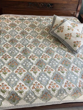 Saffron Blooms Quilted Handblock Bedcover King size 90x108 inches