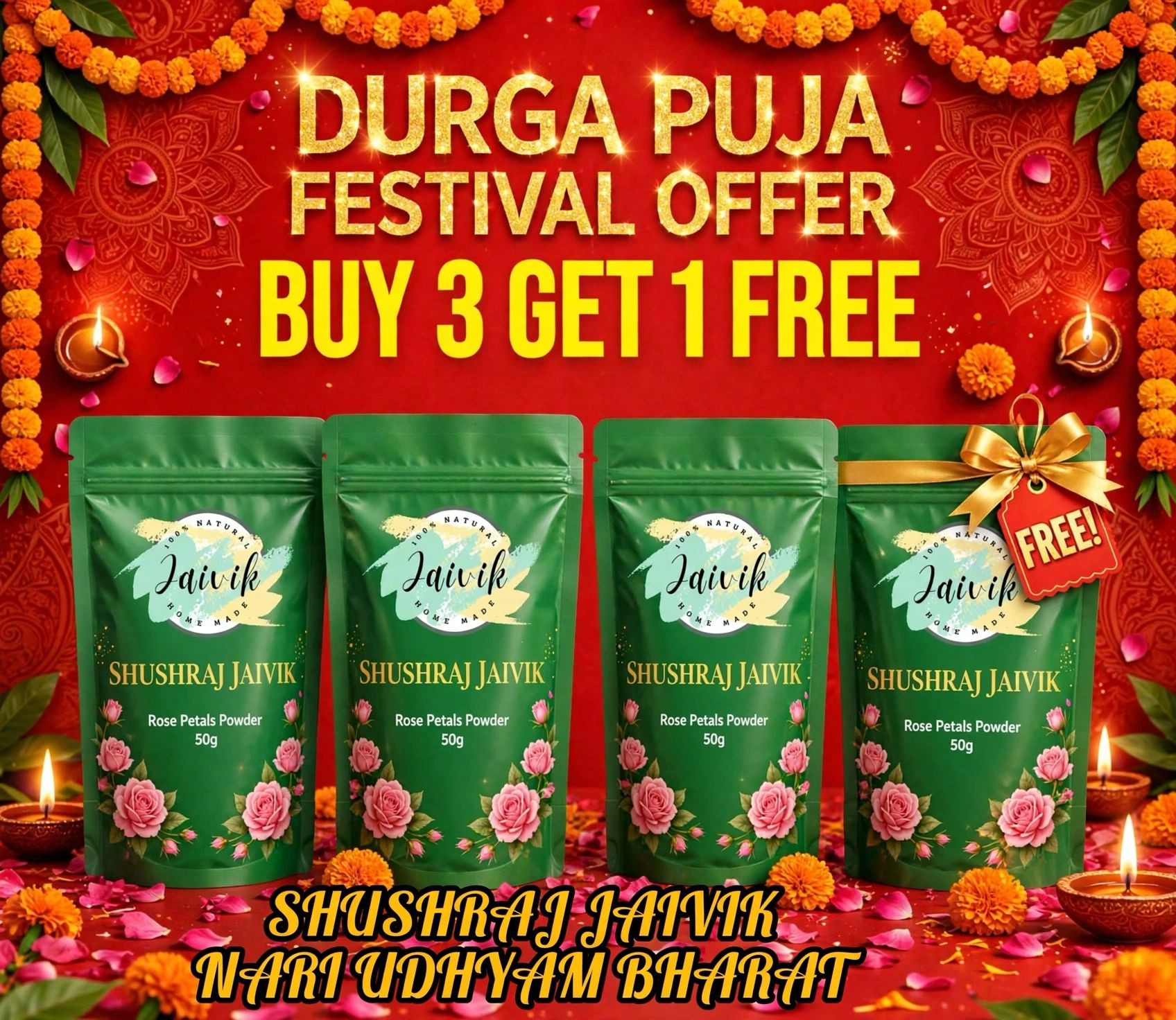 Durga Puja Festival Offer: Shushraj Jaivik Rose Petals Powder (Buy 3 Get 1 Free)  