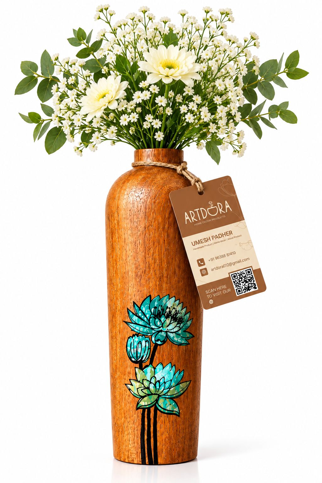 Artdora Handcrafted Mango Wood Decorative Vase | Hand-Painted Floral Wooden Flower Vase | Tabletop Showpiece for Home, Office & Gifting