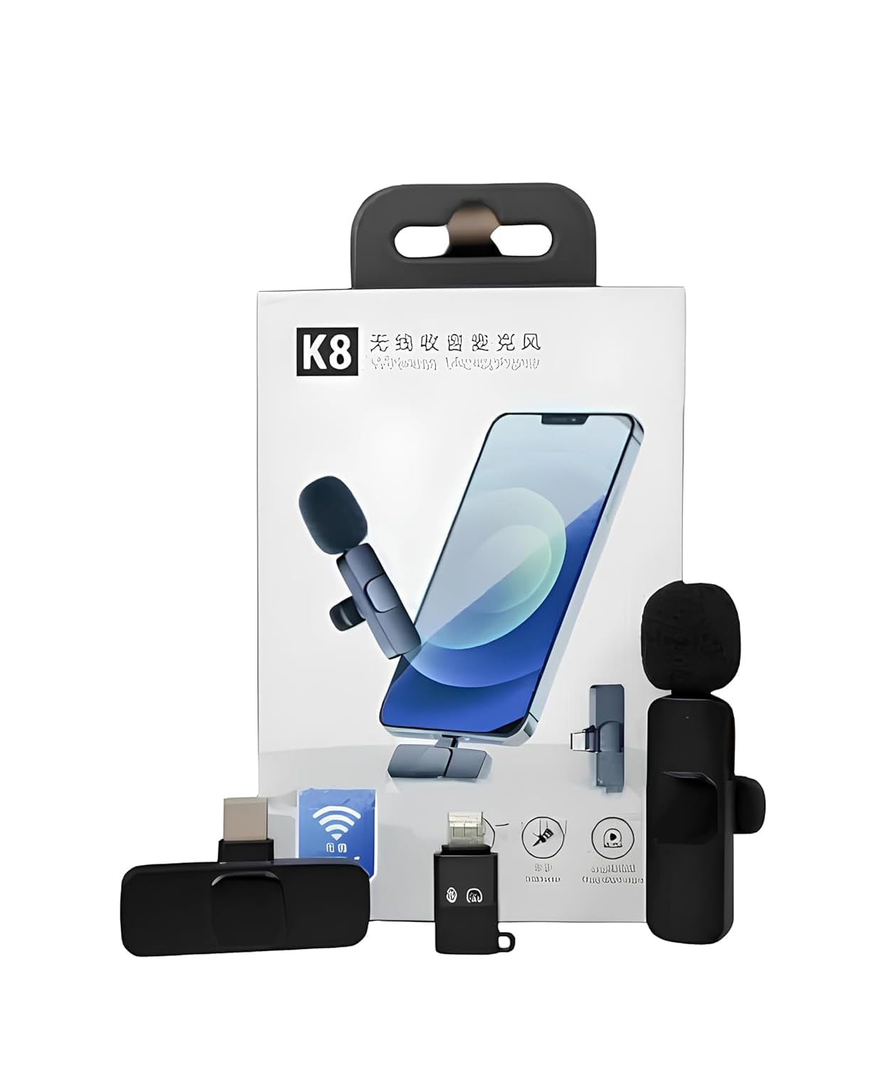 K8 Wireless Lavalier Microphone for Type-C Android, Noise Cancelling, Clip-On, Bluetooth, Black, with Furry, Single