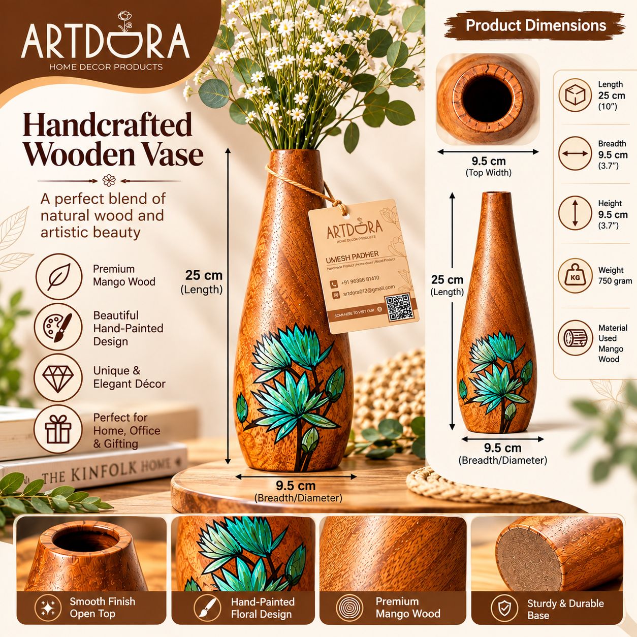 Artdora Handcrafted Mango Wood Decorative Vase | Hand-Painted Floral Wooden Flower Vase | Tabletop Showpiece for Home, Office & Gifting