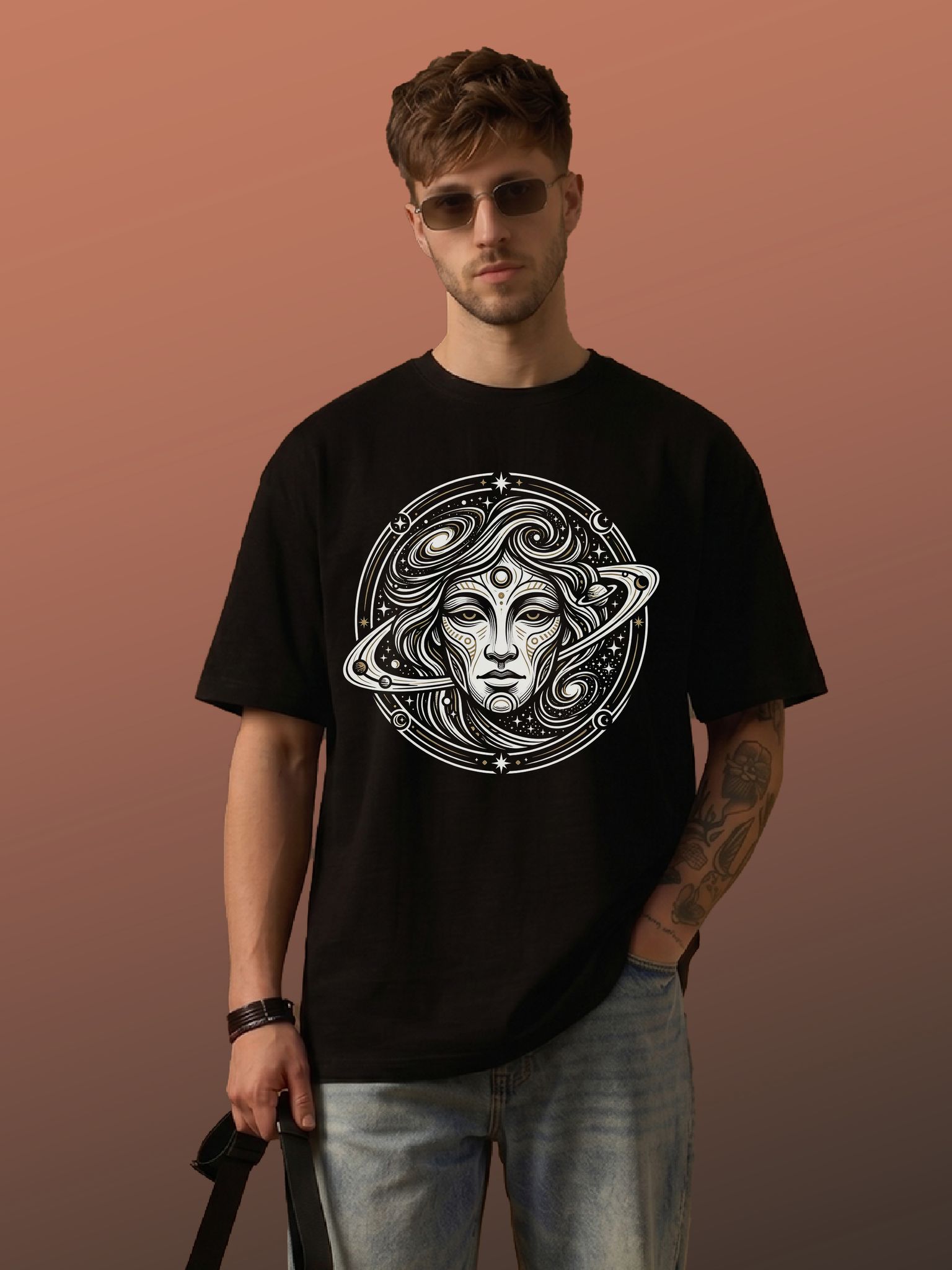 The Retro India Men Oversized Black Cotton T Shirt Cosmic Face Graphic Print | Premium Printed Stylish Streetwear T Shirt for Men | Trendy Designer Mens Oversize Fit Casual Wear