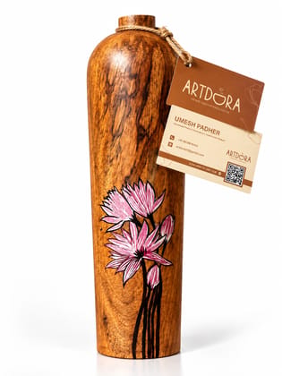 Artdora Handcrafted Mango Wood Decorative Vase | Hand-Painted Pink Lotus Floral Wooden Showpiece | Acrylic Art Tabletop Décor for Home, Office & Gifting