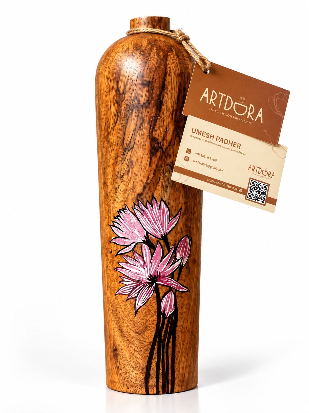 Artdora Handcrafted Mango Wood Decorative Vase | Hand-Painted Pink Lotus Floral Wooden Showpiece | Acrylic Art Tabletop Décor for Home, Office & Gifting