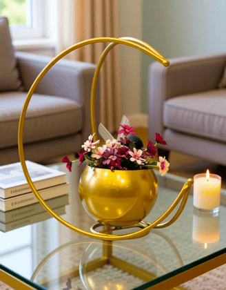 Gold Crescent Moon Plant Stand with Round Pot for Tabletop Display Gold Crescent Moon Plant Stand with Round Pot for Tabletop Display