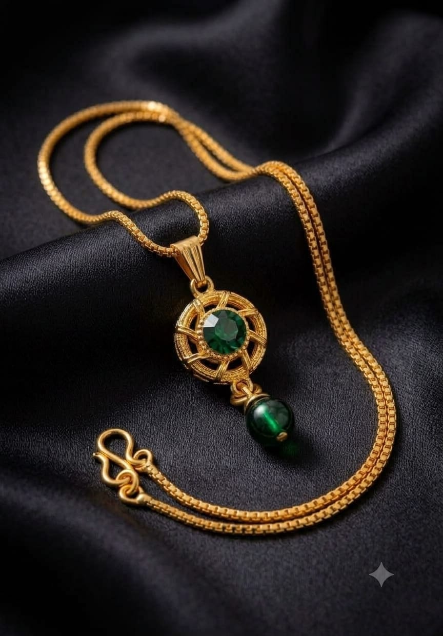 Gold-Plated Wheel Motif Red Stone Pendant with Box Chain Set