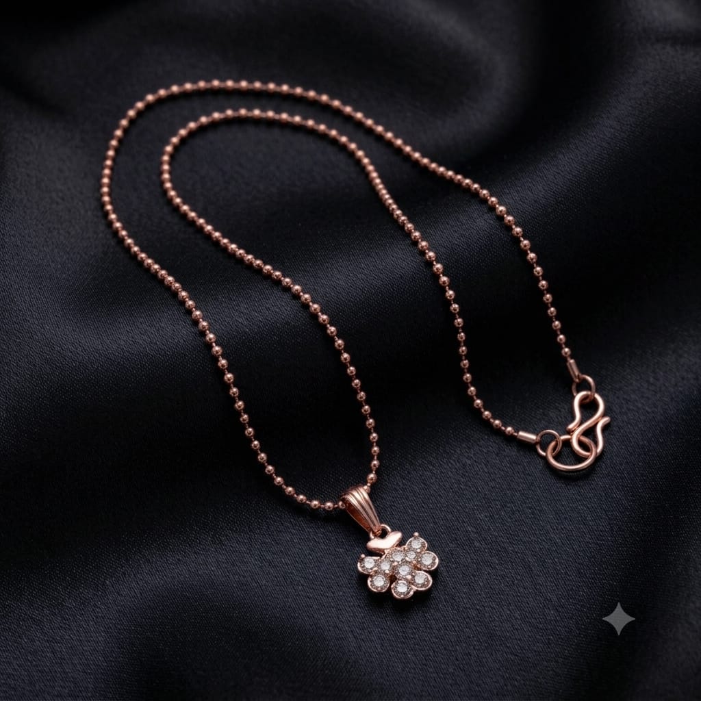 Rose Gold Floral Cubic Zirconia Pendant Ball Chain Necklace for Women