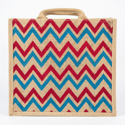 Natural Jute Tote Bag with Red and Blue Chevron Print Natural Jute Tote Bag with Red and Blue Chevron Print