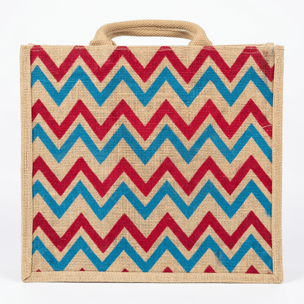 Natural Jute Tote Bag with Red and Blue Chevron Print