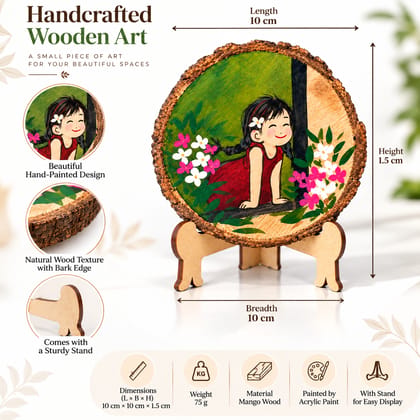 Artdora Handcrafted Mango Wood Decorative Plaque with Stand | Hand-Painted Girl & Floral Artwork | Wooden Tabletop Wall Décor Showpiece | 10 × 10 cm
