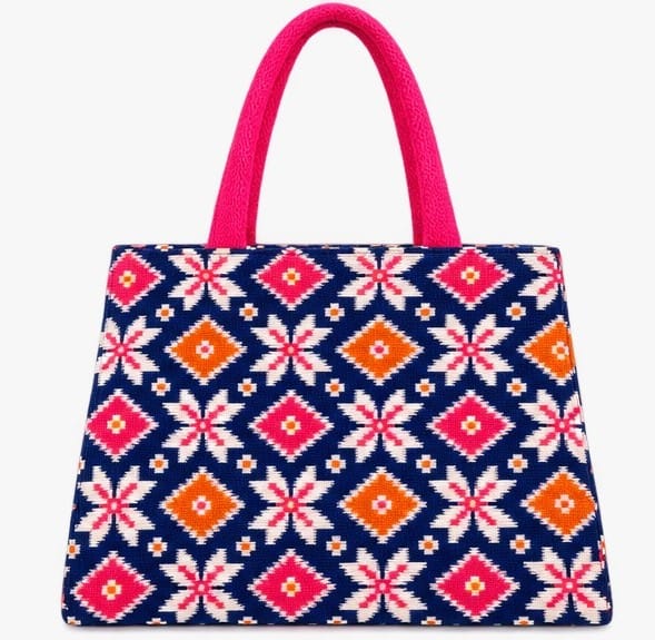 Blue and Pink Geometric Tote Bag with Pink Handles