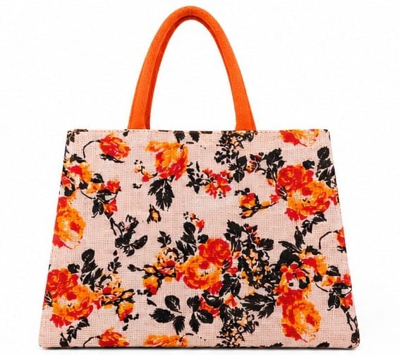 Floral Print Jute Tote Bag with Orange Handles