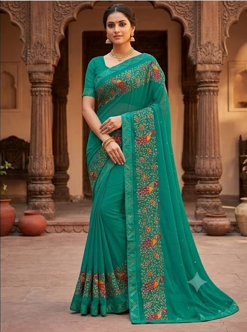 Women's Green Georgette Saree with Peacock & Floral Embroidery