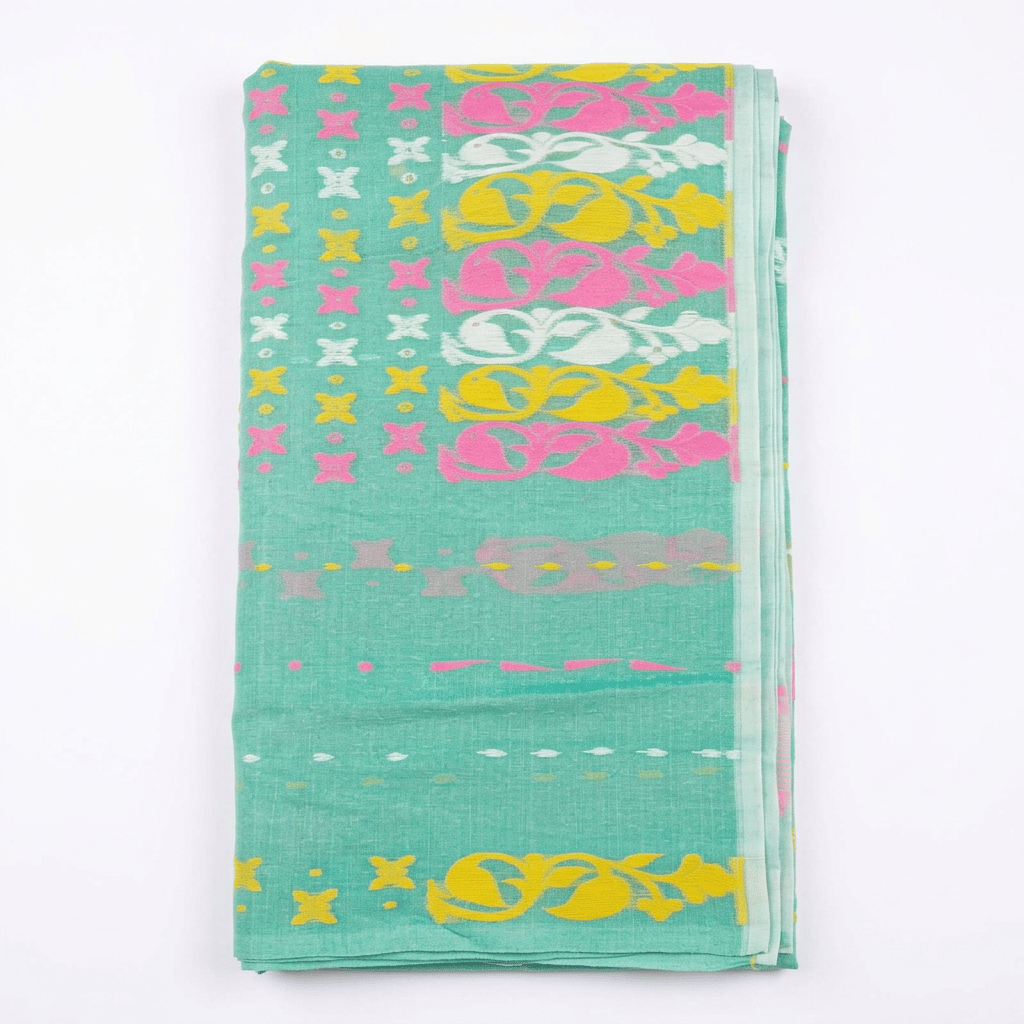 Turquoise Sea Green Cotton Linen Saree with Colorful Weave