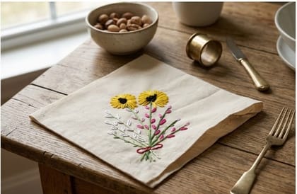 Hand Embroidered Wildflower Bouquet Linen Dinner Napkin Hand Embroidered Wildflower Bouquet Linen Dinner Napkin