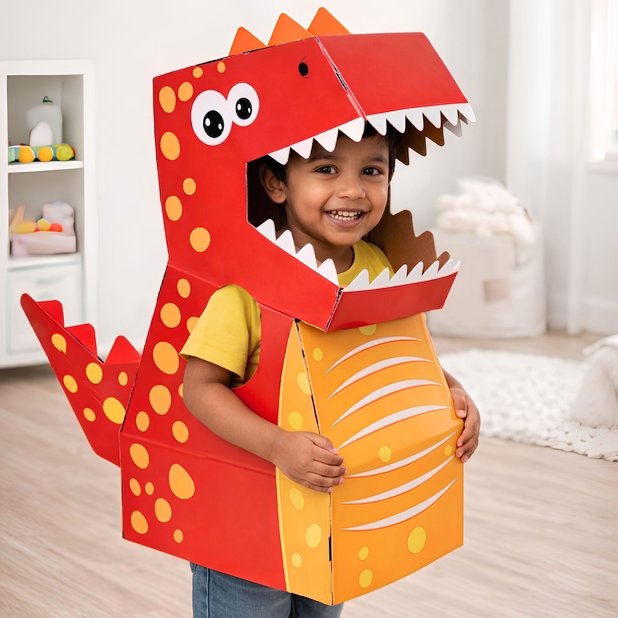 DIY Dinosaur Cardboard Costume for Kids 3+ | Wearable Animal Fancy Dress Set with Tape| Lightweight Eco Friendly Material, Easy Assembly, School Event Theme Use (Red Dinosaur) -  D’bebé