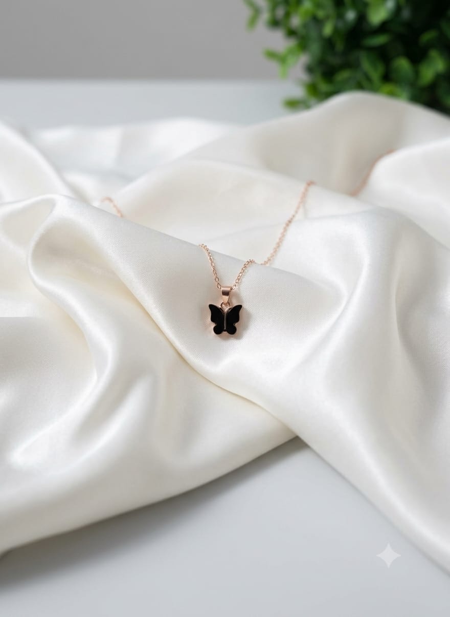 Rose Gold Black Butterfly Pendant Necklace