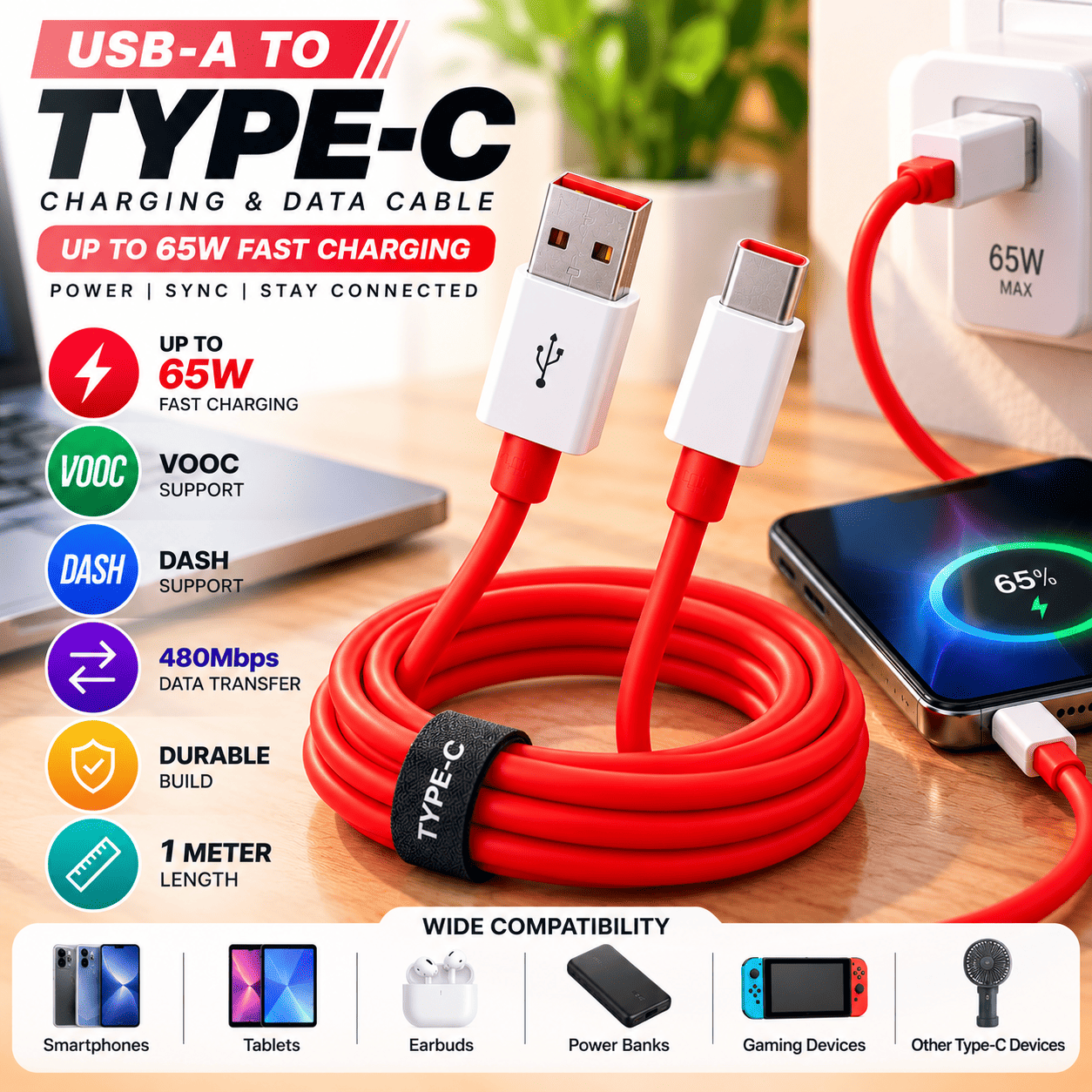 USB-A to Type-C 65W Fast Charging Data Cable (1 Meter, Red)