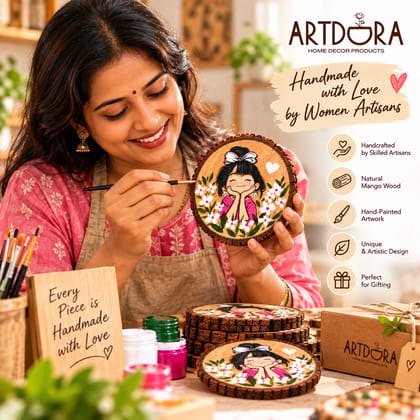 Artdora Handcrafted Mango Wood Decorative Plaque with Stand | Hand-Painted Girl & Floral Artwork | Wooden Tabletop Wall Décor Showpiece | 10 × 10 cm