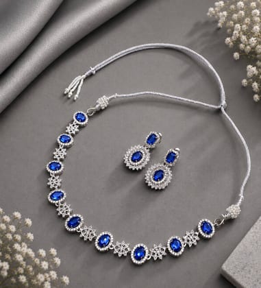 Emerald Green Stone Snowflake Design Silver Tone Choker Necklace Set
