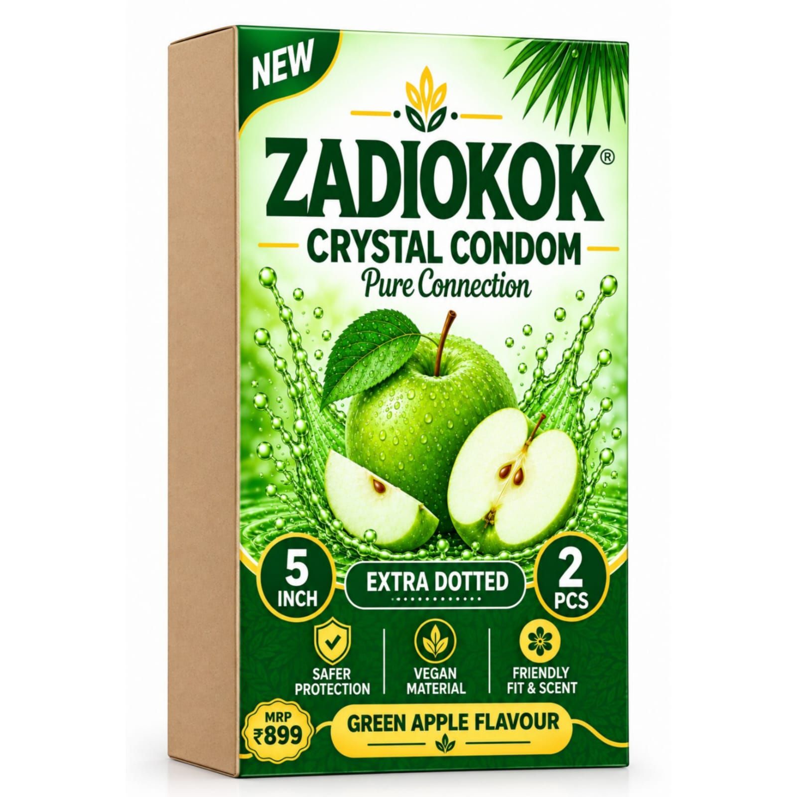 Zadiokok 5 Inch Crystal Condom with Extra Dotted Green Apple Flavour, Reusable & Comfortable Fit (2 Pcs Set)