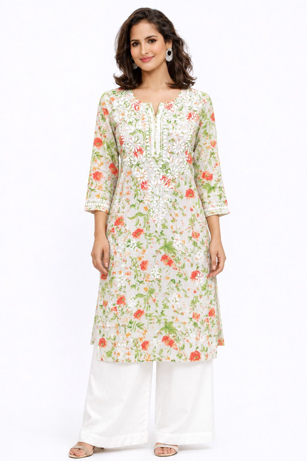 Women’s Printed Soft Cotton Chikankari Kurti with Lucknowi Hand Embroidery | 3/4 Sleeve | 46 Inch Length | Sizes 38-46