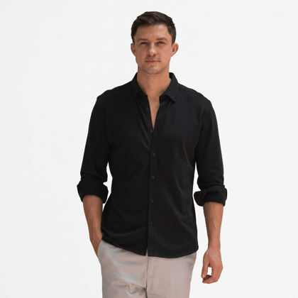 Men's Black Textured Long Sleeve Button-Down Shirt