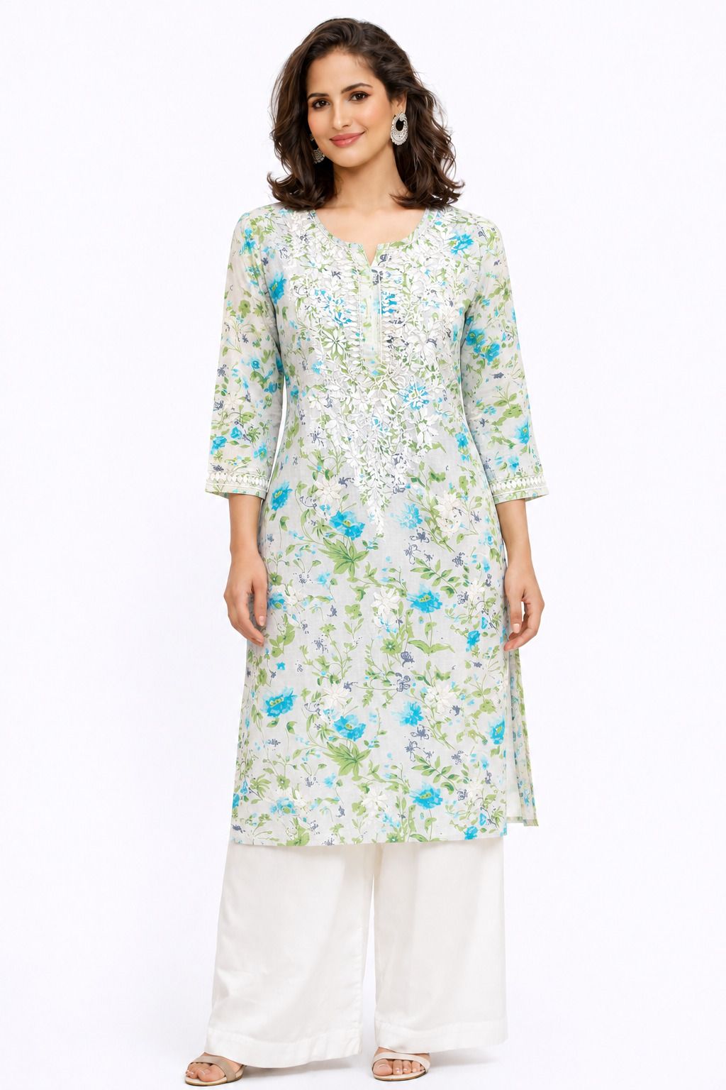 Women’s Printed Soft Cotton Chikankari Kurti with Lucknowi Hand Embroidery | 3/4 Sleeve | 46 Inch Length | Sizes 38-46